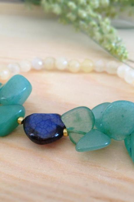 Jade, blue agate, milk white agate bracelet, pastel bracelet, stretchy statement bracelet