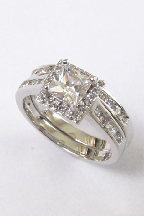 Halo Engagement Set-Rhodium Plated CZ Wedding Rings-Sizes 7 to 9