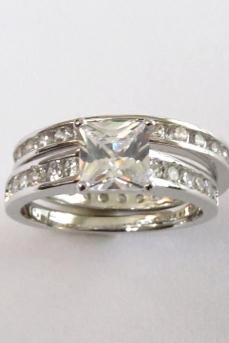 CZ Engagement Set-Rhodium Plated CZ Wedding Rings-Sizes 7 to 9