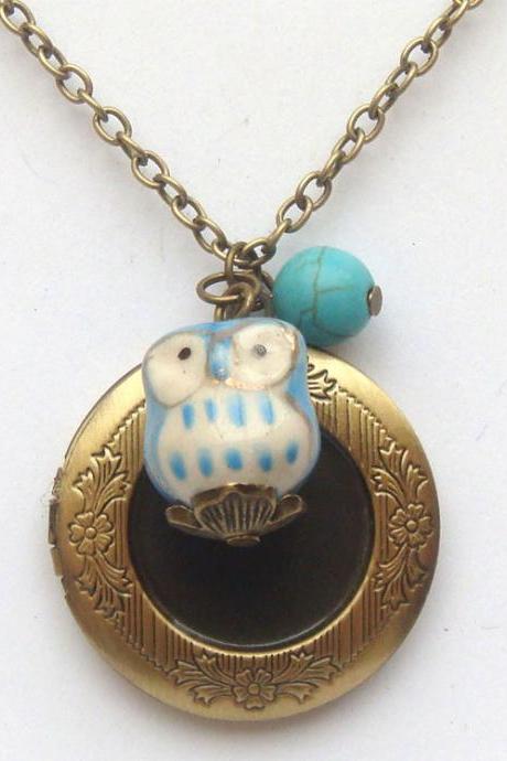 Antiqued Brass Locket Turquoise Porcelain Owl Necklace