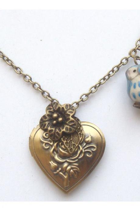 Antiqued Brass Flower Leaf Locket Porcelain Owl Necklace