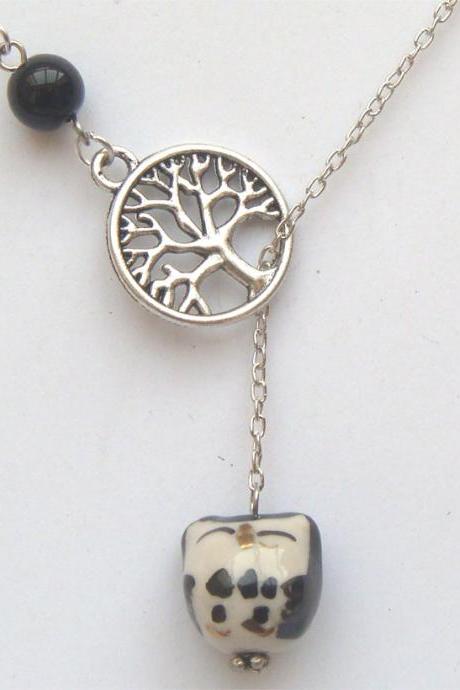 Silver Tree Black Agate Porcelain Owl Lariat Necklace