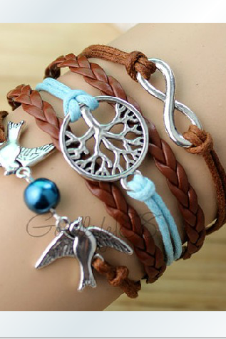 The Ancient Silver Two Birds With Big Trees Romantic Password Hand-knitted Leather Cord Multi-layer Bracelet