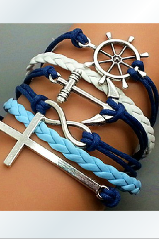 The ancient silver anchor rudder Cross romantic password Hand-knitted leather cord 6-layer bracelet