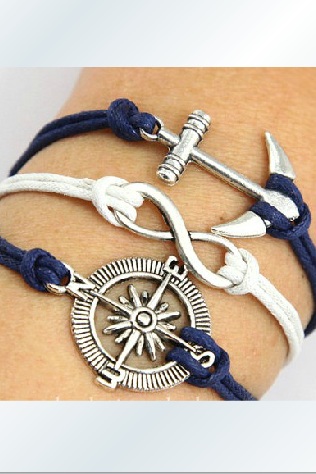 Ancient Silver Anchor Compass Romantic Password Multilayer Wax Rope Bracelet