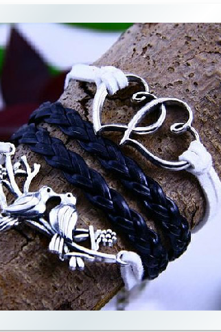 The retro double heart lovebirds hand-knitted leather cord four Bracelet
