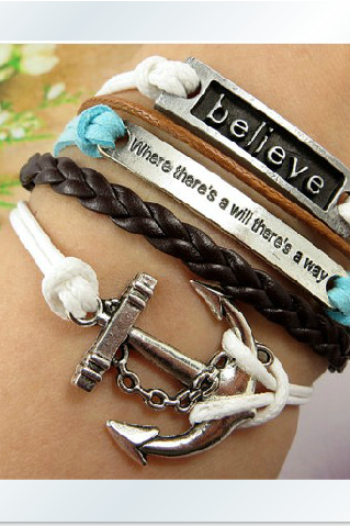 The retro English horizontal believe anchor hand-woven leather cord bracelet