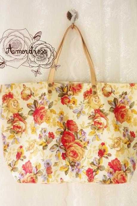 Floral Tote Bag Printed Canvas Bag Genuine Leather Strap Cream Tangerine Floral Garden Shabby Chic Bag ...Amor The Inspired Collection...