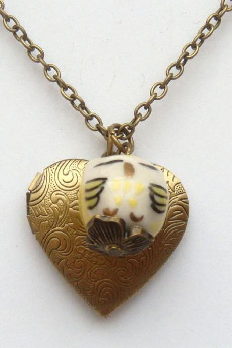 Antiqued Brass Locket Porcelain Owl Pearl Necklace