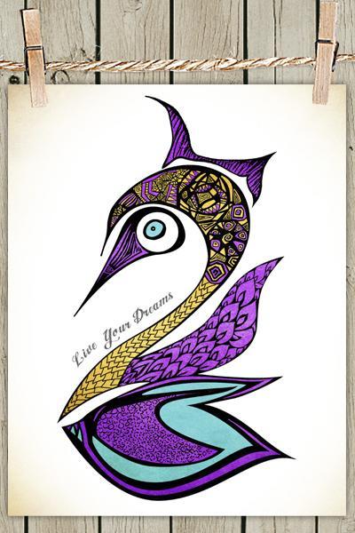 Poster Print 8x10 - Purple Swan Live Your Dreams Quote - of Fine Art Illustration for Your Wall Decor