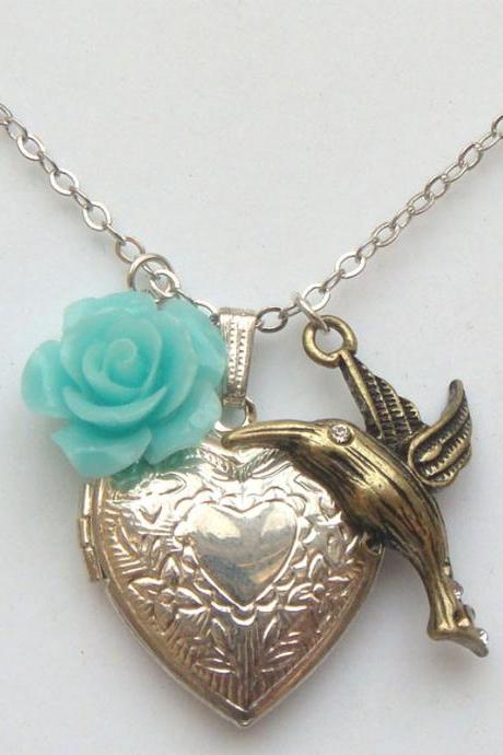 Silver Flower Bird Locket Necklace