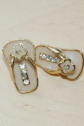 White Gold Rhinestone Floral Slipper Earrings
