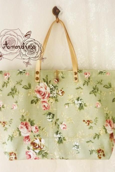 Floral Tote Bag Printed Canvas Bag Genuine Leather Strap Green With Pink Rose Shabby Chic Bag ...amor The Inspired Collection...