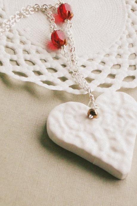 'Loveliness' Heart necklace - Valentine's day, white heart, red beads
