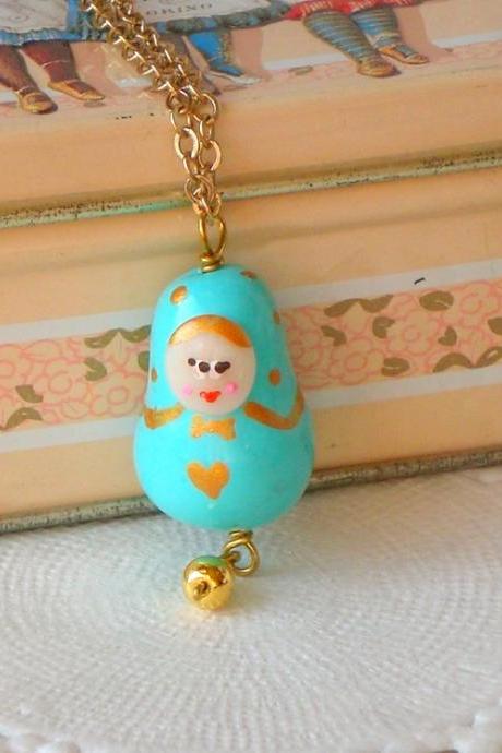 Children Necklace With Matryoshka Charm In Sky Blue And Gold, Babushka Polymer Clay, Girl Jewelry