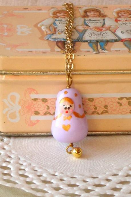 Matryoshka Necklace For Girls, In Lilac And Gold, Polymer Clay Babushka, Kids Jewelry